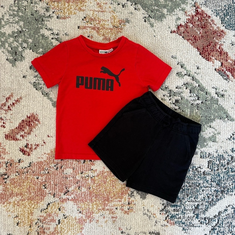 Puma Toddler Boy Red T-Shirt and Cat & Jack Black Sweat Shorts Set Size 3T - Picture 1 of 12